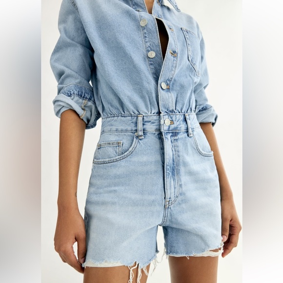 NWT Zara Short Denim Jean Jumpsuit Romper - Picture 3 of 10